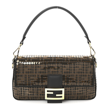 FENDI Fabric Jacquard Paillettes Vitello Seta FF 1974 Baguette Testa di Moro Real Ebano