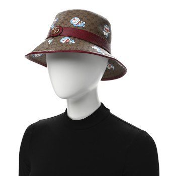 GUCCI X DORAEMON Mini Vintage GG Supreme Monogram Textured Dollar Calfskin Bucket Hat S Beige Cherry Red