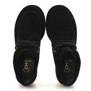 CHANEL Suede Calfskin Lace Up Wedge Booties 36.5 Black