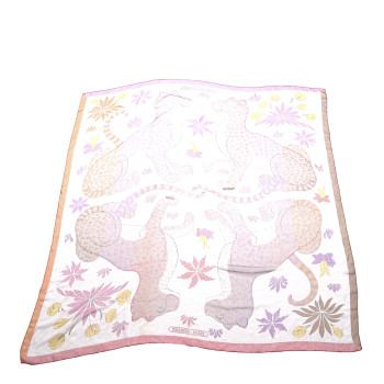 HERMES Silk Les Leopards Shawl 140 Orange Rose Violin