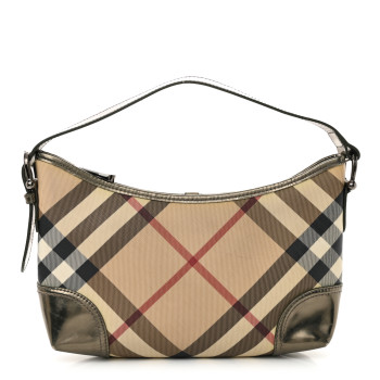 BURBERRY Metallic Nova Check Patent Hobo Pewter