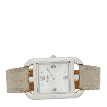 HERMES Stainless Steel Alligator Diamond Mother of Pearl 23mm Cape Cod Quartz Watch Gris Perle