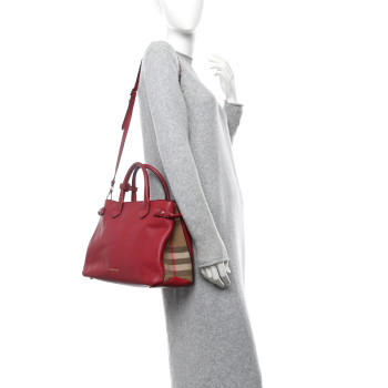 BURBERRY Derby Calfskin House Check Medium Banner Tote Russet Red