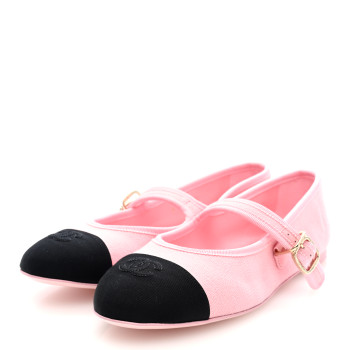 CHANEL Fabric Grosgrain Mary Jane Flats 38 Light Pink Black