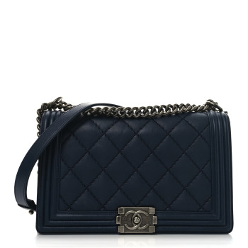 CHANEL Calfskin Double Stitch New Medium Boy Flap Navy Blue