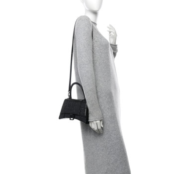BALENCIAGA Shiny Calfskin Monochrome Crocodile Embossed Small Hourglass Top Handle Bag Black
