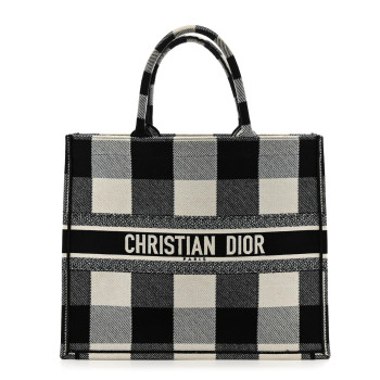 CHRISTIAN DIOR Canvas Embroidered Checkered Book Tote Black White CHRISTIAN DIOR Canvas Embroidered Checkered Book Tote Black White