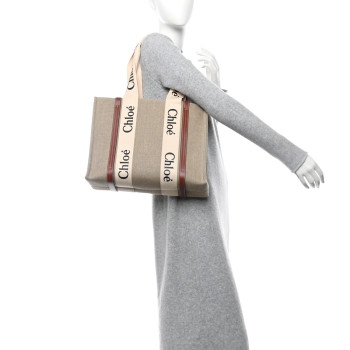 CHLOE Cotton Calfskin Medium Woody Ribbon Tote White Brown