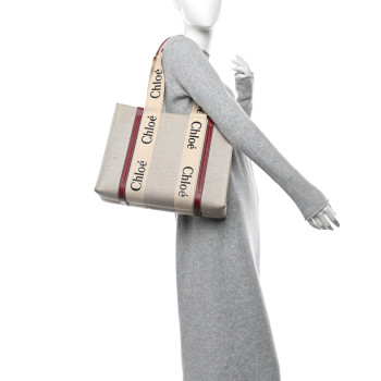 CHLOE Linen Calfskin Medium Woody Ribbon Tote White Brown