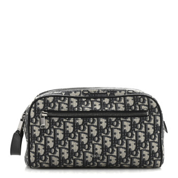CHRISTIAN DIOR Oblique Jacquard Grained Calfskin Toiletry Bag Blue Black CHRISTIAN DIOR Oblique Jacquard Grained Calfskin Toiletry Bag Blue Black