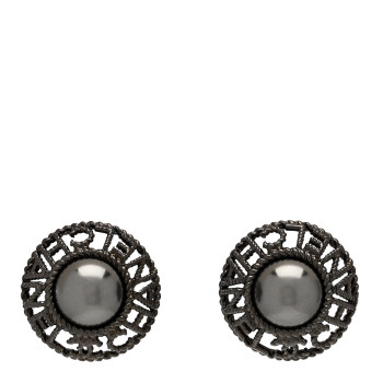 CHANEL Pearl CC Round Earrings Ruthenium Dark Grey