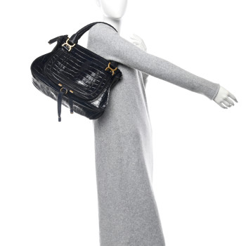 CHLOE Calfskin Crocodile Embossed Small Marcie Satchel Full Blue