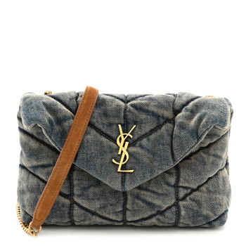 SAINT LAURENT Denim Quilted Toy Loulou Puffer Monogram Chain Satchel Blue Cinnamon