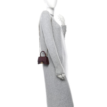 BALENCIAGA Shiny Calfskin Crocodile Embossed Hourglass Top Handle Bag Mini with Chain Dark Red