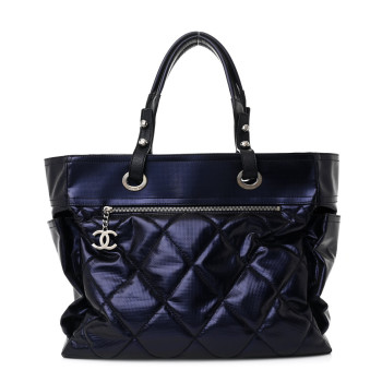 CHANEL Metallic Coated Canvas Quilted Large Paris Biarritz Tote Blue