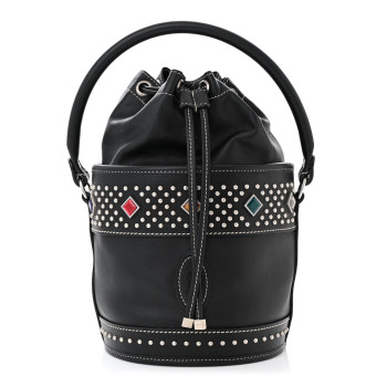 SAINT LAURENT Smooth Calfskin Studded Small Bahia Drawstring Bucket Bag Black Multicolor