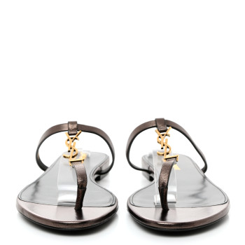 SAINT LAURENT Calfskin Cassandra Monogram Sandals 38.5 Bronze