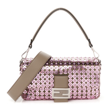 FENDI Ricamo Sequin Paillettes Strass Vitello Grace Baguette Rosa Tartufo