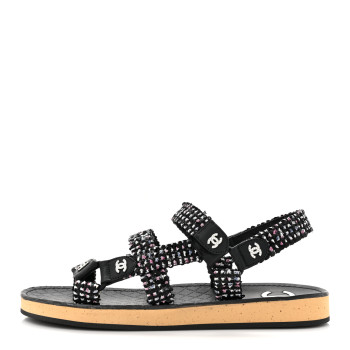 CHANEL Glittered Tweed Lambskin Dad Sandals 39.5 Black White
