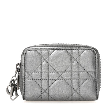 CHRISTIAN DIOR Metallic Calfskin Cannage Compact Zip Card Wallet Silver CHRISTIAN DIOR Metallic Calfskin Cannage Compact Zip Card Wallet Silver