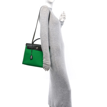 HERMES Vache Hunter Toile Herbag Zip 31 PM Cactus Bleu Indigo