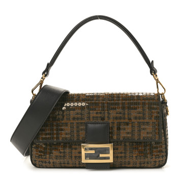 FENDI Fabric Jacquard Paillettes Vitello Seta FF 1974 Baguette Testa di Moro Real Ebano