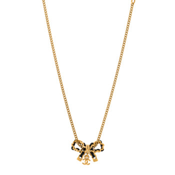 CHANEL Metal Lambskin Chain CC Bow Necklace Black Gold
