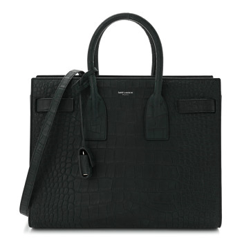 SAINT LAURENT Calfskin Crocodile Embossed Small Sac de Jour Dusty Black