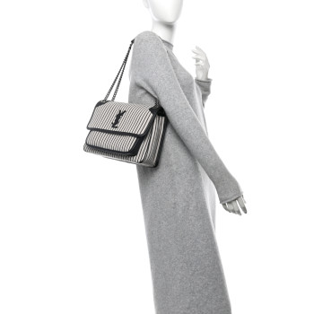 SAINT LAURENT Cotton Canvas Striped Vintage Calfskin Monogram Medium Niki Chain Satchel Grey Cream Black