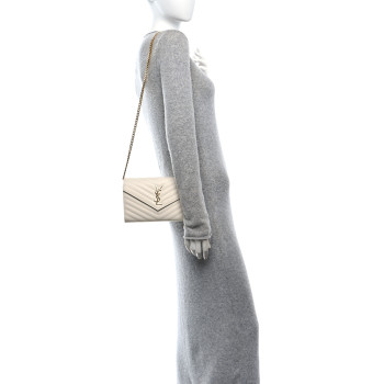 SAINT LAURENT Grain De Poudre Matelasse Chevron Monogram Chain Wallet Crema Soft