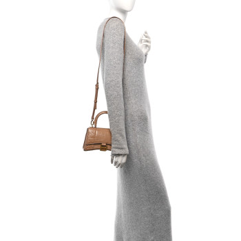 BALENCIAGA Shiny Calfskin Crocodile Embossed Hourglass Top Handle Bag XS Nude Beige