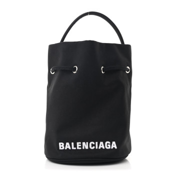 BALENCIAGA Recycled Sport Nylon Logo Embroidered Wheel Drawstring Bucket Bag Black White