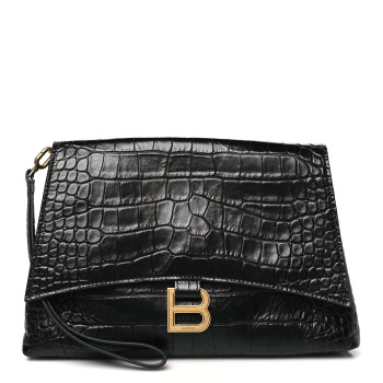 BALENCIAGA Calfskin Crocodile Embossed Medium Crush Pochette Clutch Black