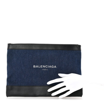 BALENCIAGA Denim Calfskin Logo Clutch Blue Black