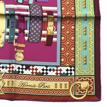 HERMES Silk Colliers de Chiens Scarf 90 Fuchsia Turquoise Grenat