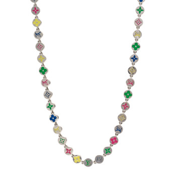 LOUIS VUITTON Metal Enamel Monogram Necklace Silver Multicolor