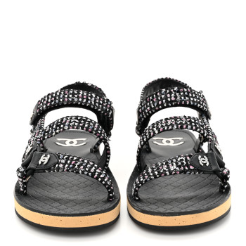 CHANEL Glittered Tweed Lambskin Dad Sandals 39.5 Black White