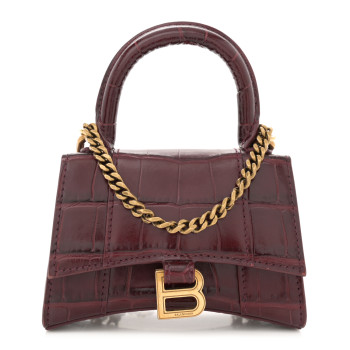 BALENCIAGA Shiny Calfskin Crocodile Embossed Hourglass Top Handle Bag Mini with Chain Dark Red