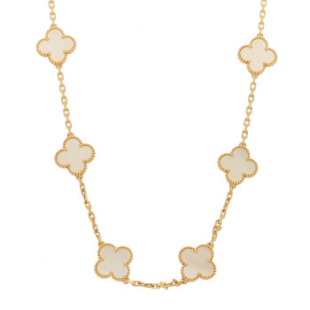 VAN CLEEF & ARPELS 18K Yellow Gold Mother of Pearl 10 Motifs Vintage Alhambra Necklace