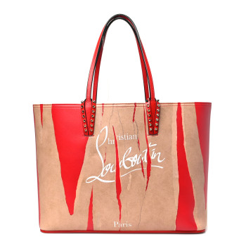 CHRISTIAN LOUBOUTIN Calfskin Spikes Loubi Print East West Cabata Tote Kraft Red