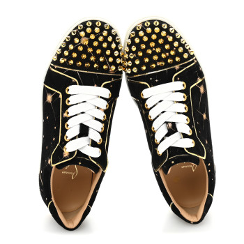 CHRISTIAN LOUBOUTIN Veau Velours Calfskin Spikes Womens Vieira Flat Sneakers 36.5 Black Gold