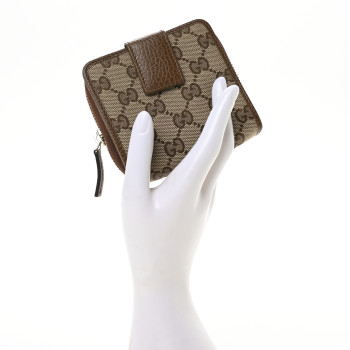 GUCCI Monogram Dollar Calfskin Zip Around French Wallet Beige Ebony Tabacco