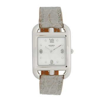 HERMES Stainless Steel Alligator Diamond Mother of Pearl 23mm Cape Cod Quartz Watch Gris Perle