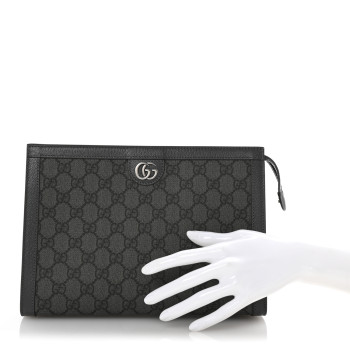 GUCCI GG Supreme Monogram Textured Dollar Calfskin Ophidia Wristlet Pouch Grey Black Graphite Grey