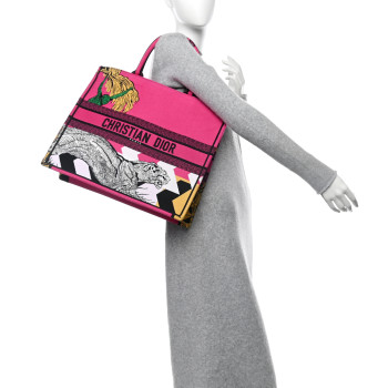 CHRISTIAN DIOR Canvas Embroidered Large Jungle Pop Book Tote Fuchsia Multicolor CHRISTIAN DIOR Canvas Embroidered Large Jungle Pop Book Tote Fuchsia Multicolor