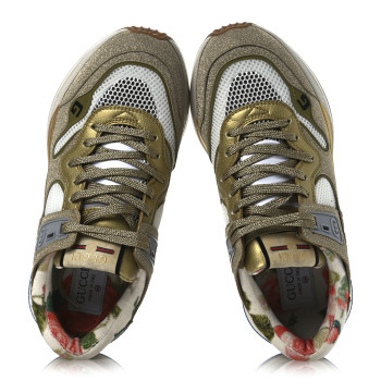 GUCCI Metallic Calfskin Glitter Mesh Womens Ultrapace Sneakers 39.5 Gold
