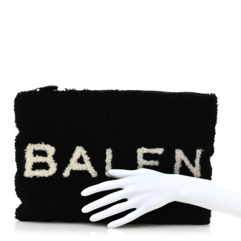 BALENCIAGA Sheepskin Shearling Contrasted Logo Large Zip Pouch Black