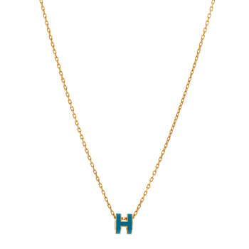 HERMES Lacquered Gold Mini Pop H Pendant Necklace Bleu Jean
