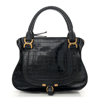 CHLOE Calfskin Crocodile Embossed Small Marcie Satchel Full Blue