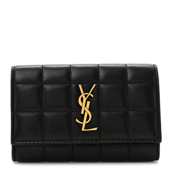 SAINT LAURENT Goatskin Carre Quilted Cassandre Compact Envelope Card Case Black
